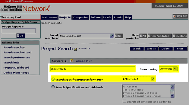 Keyword searching for Shovel Ready projects