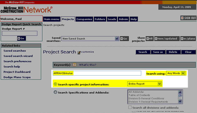 Keyword searching for ARRA projects